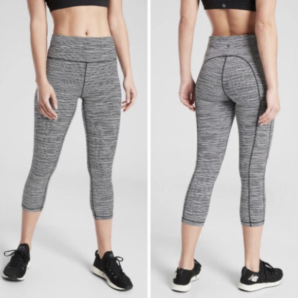 ATHLETA Black/White Stripe Ultimate Stash Pocket Capri Leggings - Picture 1 of 7